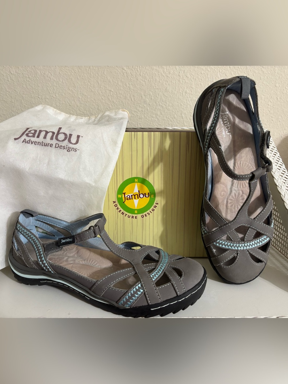 JBU by Jambu Gray Leather Fisherman’s Sandals w/Aqua Stitching - Like New